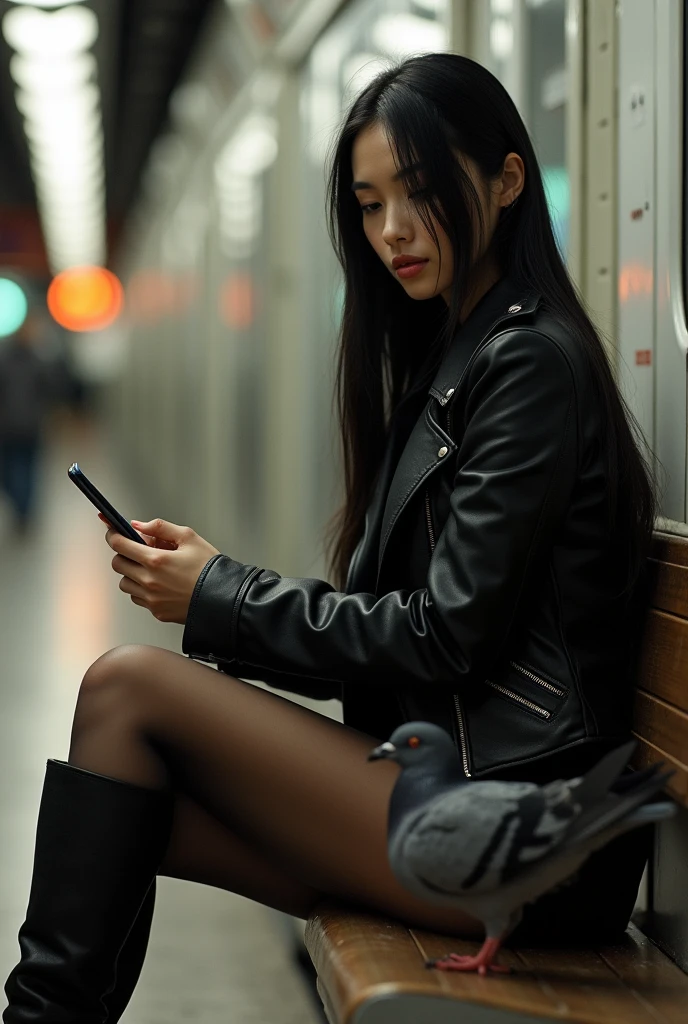 ultra realistic, photography, portrait, close-up, extreme close-up, long black straight hair, (30 years old, hazel eyes, hourglass figure, perfect fit body, natural big breasts), femme fatale, a beautiful girl wearing a black jacket, checking her phone, pantyhose, high boots, shorts, sitting on a bench in a subway station, artifical lights, with a pigeon, perfect perspective, from the left, profile, masterpiece, best quality,