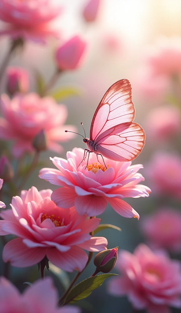 There is a pink butterfly on a flower。rose、Tulips、There is Jasmine。