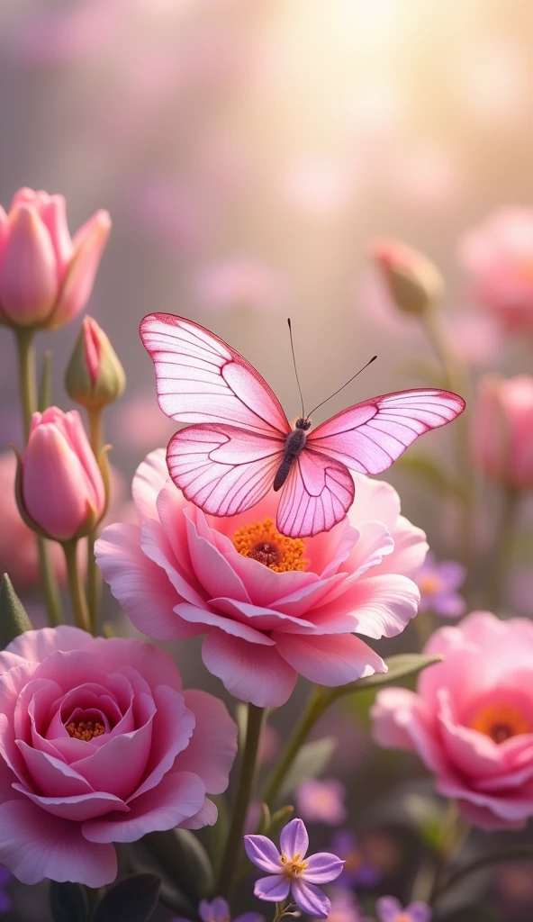 There is a pink butterfly on a flower。rose、Tulips、There is Jasmine。
