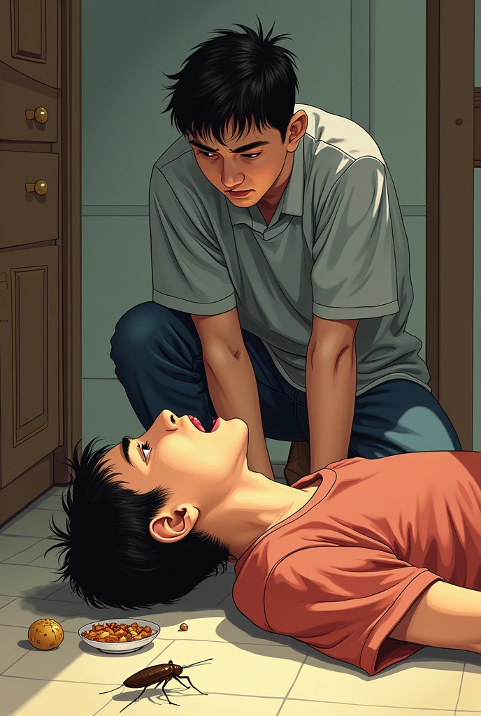 depict a who died from eating a cockroach and was helped by his older brother (use pictures that are easy to draw)