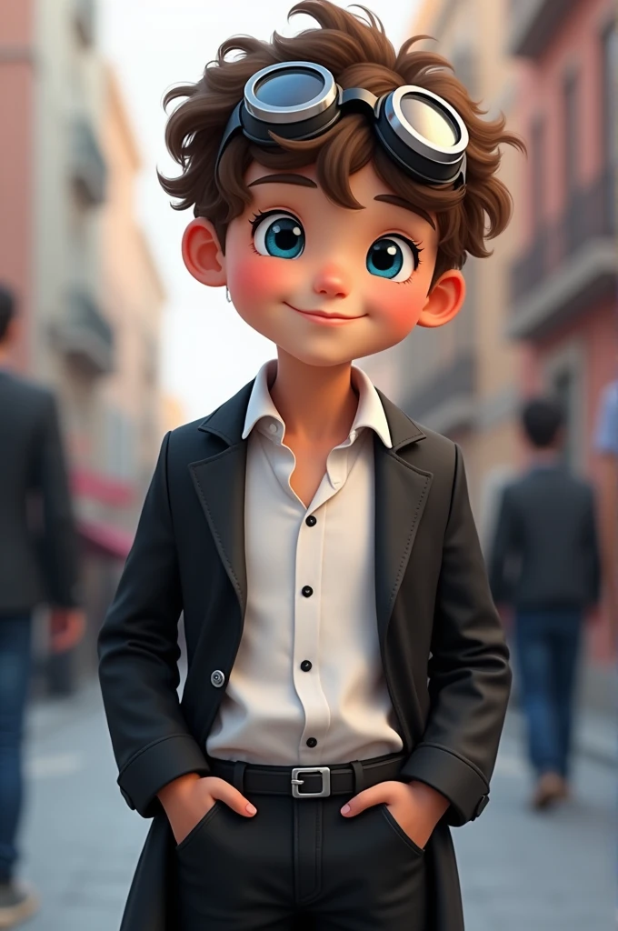 A medium hight boy,curly hair,blue eye,white skin,medium nose,white shirt,balck pants and coat,smile on face,googles on eyes