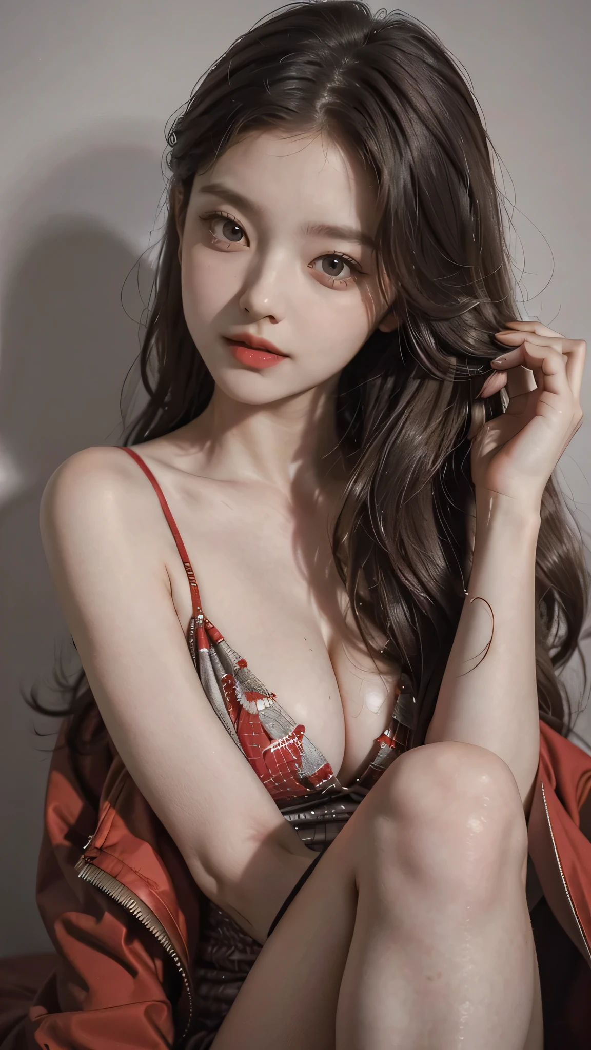 Girl wearing, luxury red coat, shoulder length hair, wavy hair, glowing skin, star in eye, red lips, grey background, cute poses