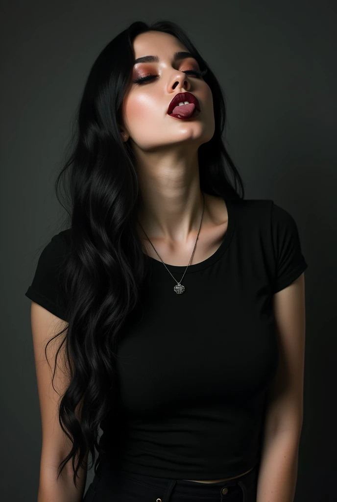 high quality image, gothic girl, black, shiny hair down to the waist, wears a tight black t-shirt, black tight sports shorts, big tits and big ass, He has his mouth open showing his tongue while he looks up.