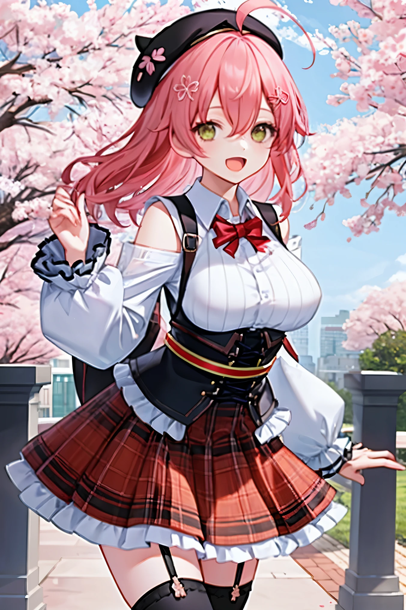 masutepiece, Best_Quality, hight_resolution, miko2,Ponytail, 1girl, Ahoge, black headwear, Hair Ornament, White shirt, black thighhighs, Pink hair, Red_skirt, very_short_skirt, plaid skirts, garter_strap, Collared shirt, hair clips, frilld, Bangs, hair between eye, frills skirt, beret, Pleated skirt, Hair Flower, Neck bell, , puffy long sleeves, Black bow, Underbust, Smile, (large_breasts:1.3),covered_nipples, green_eyes, happy, dynamic_angle,apart_legs,(big_smile:1.2),plump,open_mouth,shout,half_eyes,cherryblossom_park_landscape_background,