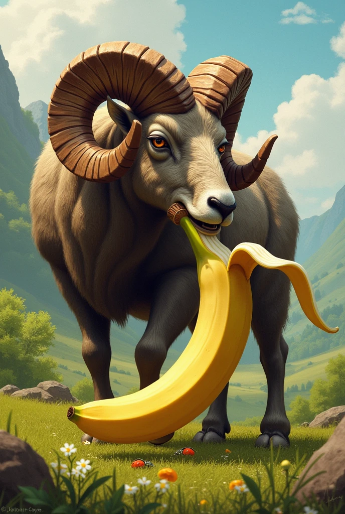 The ram eats a banana 