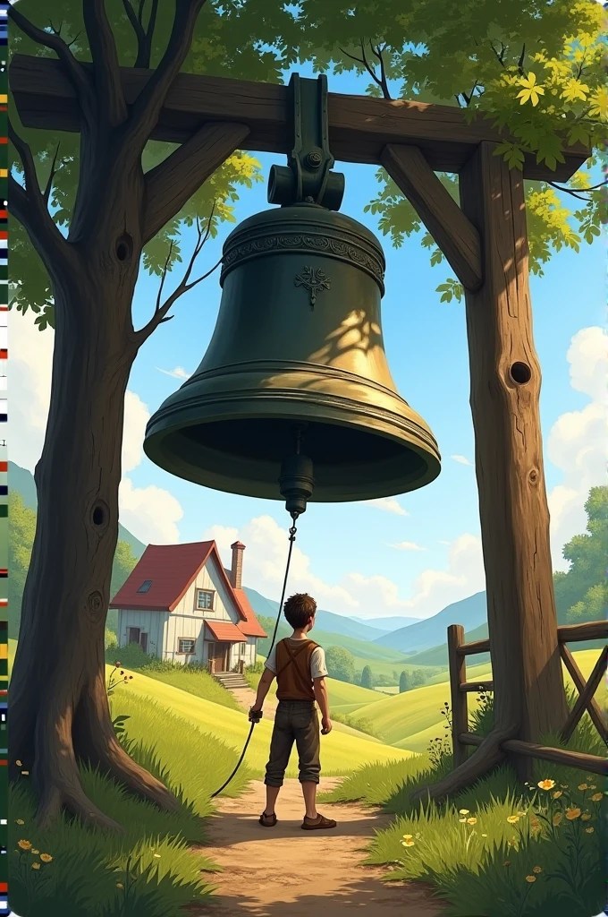 A country boy in a farmland outside a farm house beating a big bell hung with a tree