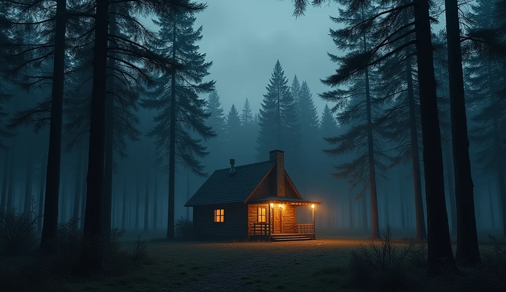Opening Scene: The Cabin in the Woods
A cozy, old wooden cabin sits in the middle of a dense forest of tall pine trees. The trees are dark and foreboding, casting long shadows that stretch toward the cabin. The sky is dimly lit by the fading light of sunset, creating an eerie, isolated atmosphere. The cabin's windows glow faintly from the fire inside, but outside, the woods are unnervingly quiet.
