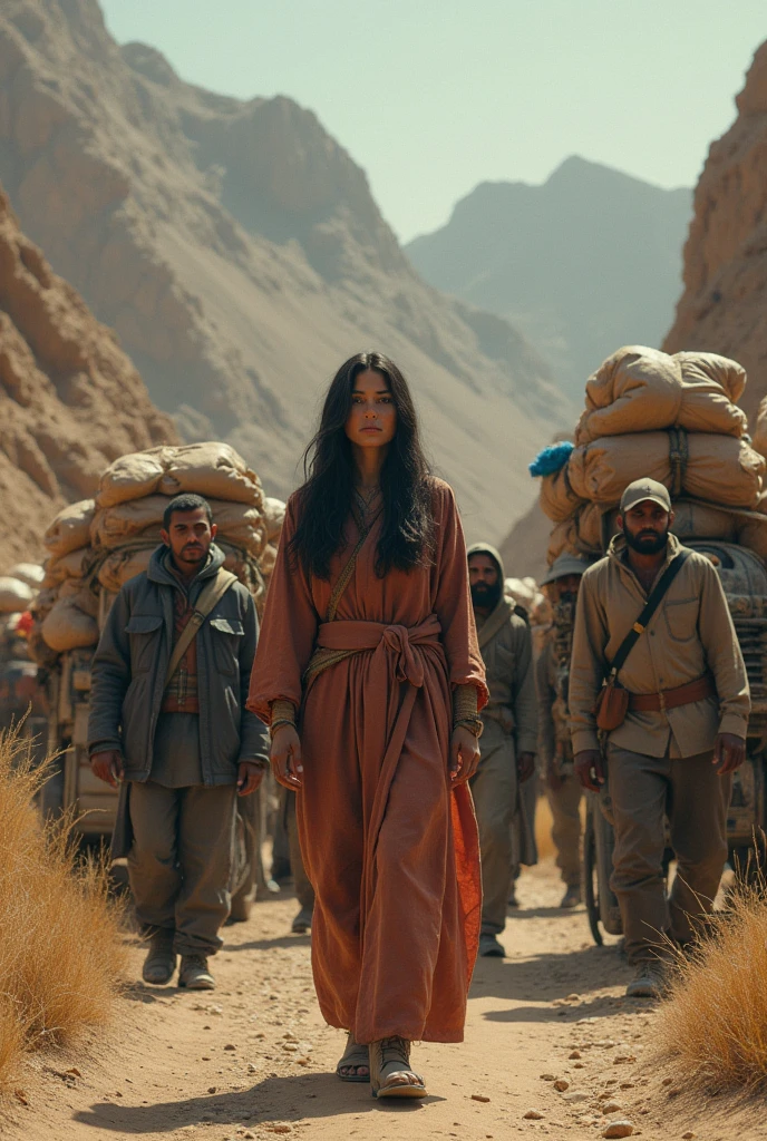 Group of people transporting food and meet a woman