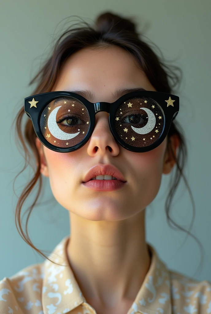 The model is wearing glass sunglasses with stars and the moon on the glass