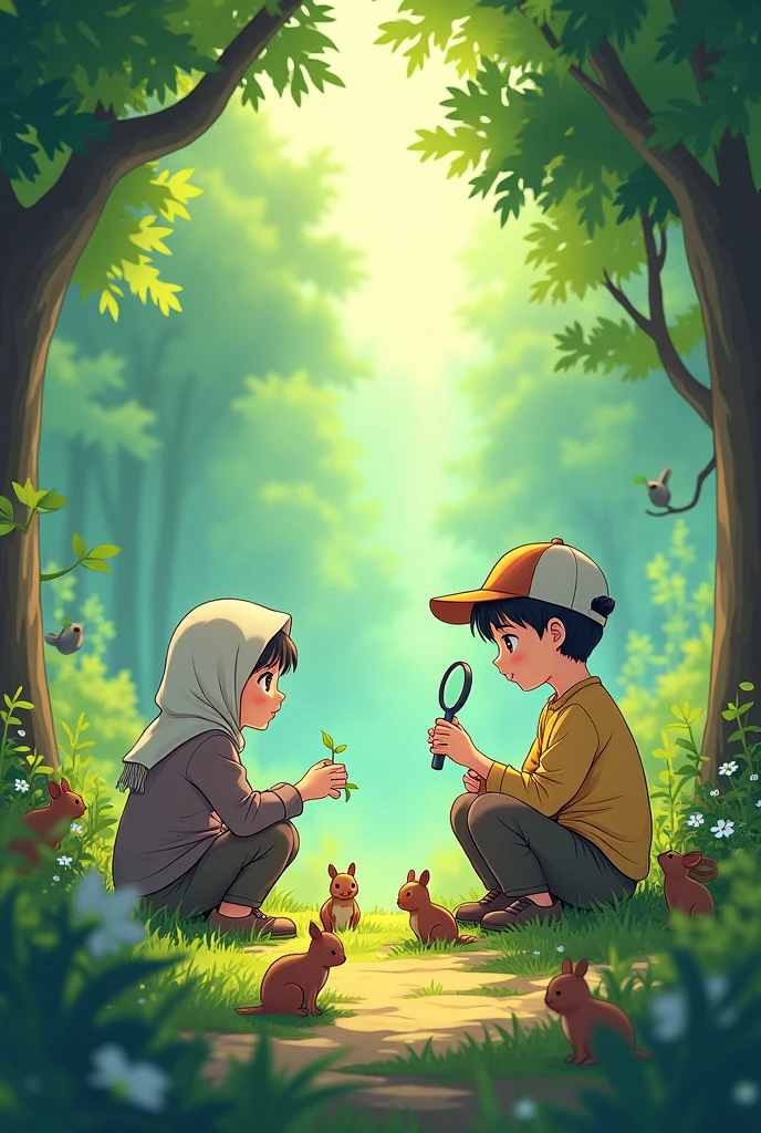 situation in the wilderness, There is a boy and a girl wearing a hijab who are looking for rare plants using a magnifying glass.