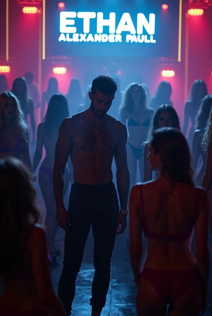 Design a scene featuring Ethan Alexander Paull, a 1 UK drill rap artist with a dark, sexually appealing edge. He performs at a renowned club, surrounded by semi-nude, alluring women who amplify his menacing and seductive aura. His presence commands attention, with his name displayed prominently behind him on a large screen, highlighting his status and influence in the music scene. The club is alive with energy, reflecting his intense and charismatic persona.