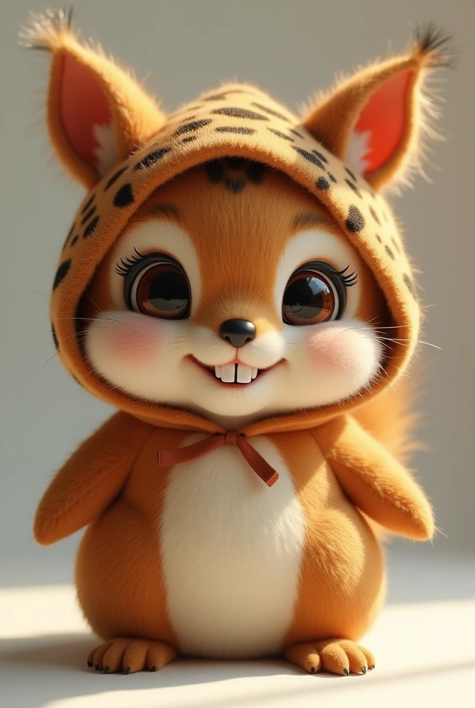 Brown squirrel doll with a brown hood with a tiger design and two teeth sticking out.