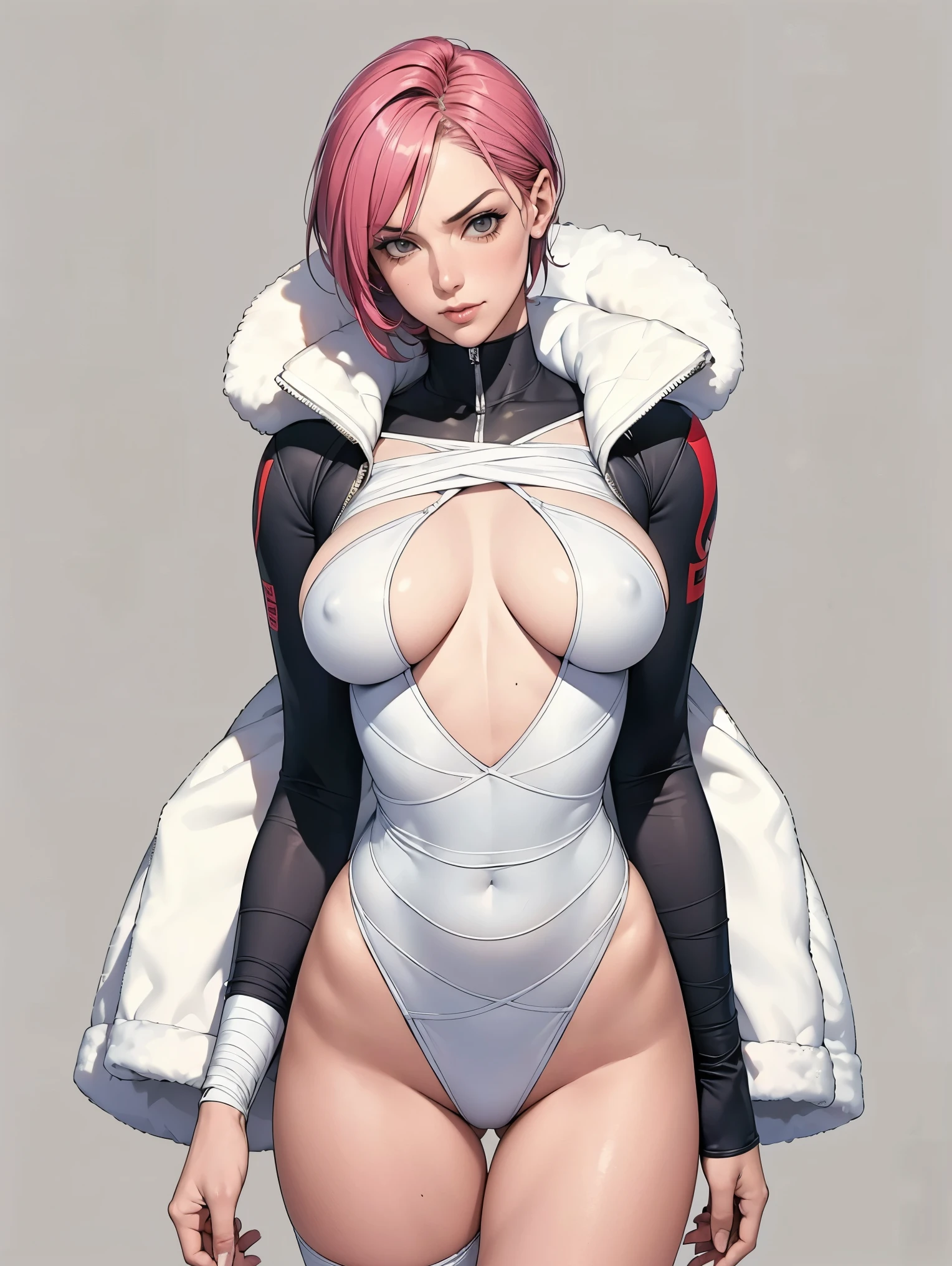 (((Annie Lennox))), (((colorful suit))), (scars), (((bandaged arms))), (((colorful clothes))) (( hood)), (((best quality: 1.4))), (Unbeatable masterpiece), (hyper HD),(CG 8k hyper-realistic), beautiful face, (((breasts big))), (((hyper feminine))), sexly girl, ((round face)), black tattoo,(ultra short red hair with white highlights)), ((( sculptural body ))), (((1 Kizi))), Kizi tatuada de 25 anos com perfect body, perfect hands, perfect fingers ,Beautiful and well-groomed face, (round face), muscular body:1.2,solid color detailed jacket, (Head to thigh photos), Complex equipment, ,Tight clothes,With white stars and off-white es,,,,,Armor Metal Electronic Parts, Poison tattoos ) INFO, Kizi, (((standing alone))), , 24歳, sexy,e de attitude, work of art, dancing, ((slight smile)), post-apocalypse, (((manga style))), bounty hunter, the way you want, perfect body, roupa moderna, advanced technology, white, yellow accent, black, red accent, fur collar jacket, sleeves with vertical striped pn, background city, (( cowboy shot )). intricate visual, narrow waist, (((wide hips))), wide hips, fit thighs, (((thigh gap))), Thigh gap, background shows a futuristic airplane, open expression, expression happy