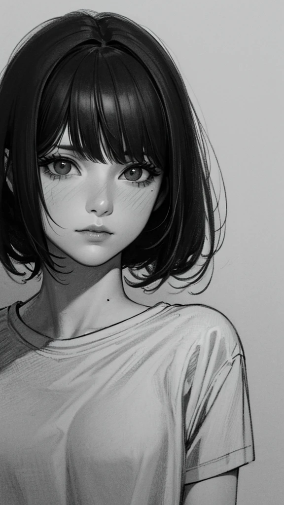 1 boyish asian girl, solo, bags under eyes, monochrome, greyscale, short black hair, portrait, T-shirt, closed mouth, looking at viewer, sketch, graphite \(medium\), detailed lips, hatching \(texture\), without makeup, bangs, upper body, (best illustration), (best quality), (very detailed), (masterpiece), expressionless,