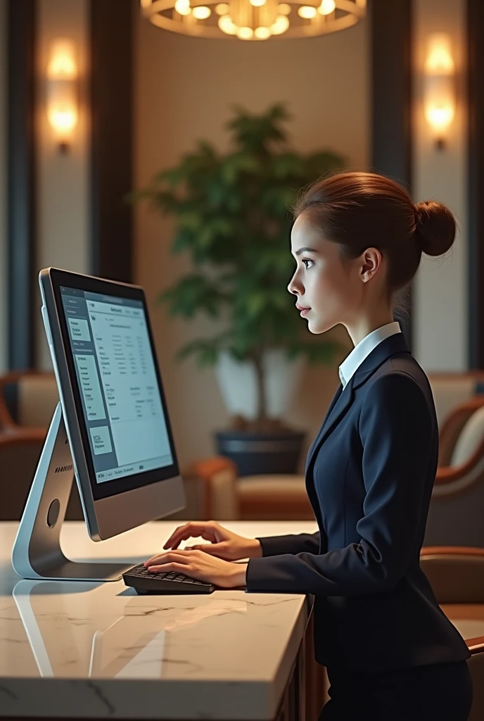 An avatar working in front of a hotel computer 
