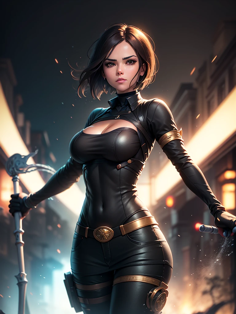 (at night), in a video game scene in the background, a beautiful city at night, raining, alone, standing looking straight ahead, military clothing with military green skirt and pants, black gloves, semi-short hair, ((semi-short hair)), 1 girl, 30 years old, young woman, perfect hands, Beautiful fingers, Beautiful long legs, Beautiful body, Beautiful nose, Beautiful character design, perfect face, looking straight at the viewer with a serious gesture and very upset, she has a black whip in her hand (focusing on her face), mouth closed, light_smile, official art, extremely detailed CG unity 8k wallpaper, perfect lighting, bright and colorful front lighting, shiny skin (artwork master: 1.0), (Best_quality: 1.0), ultra High resolution, 4k, ultra detailed photography, 8K, hdr, High resolution, Nonsense:1.2, Kodak portrait 400, film grain, Blurred background, bokeh:1.2, Flash lens, (vibrant_color:1.2), professional photography, (Beautiful, breasts: 1.4), (Beautiful_face: 1.5), (narrow waist),