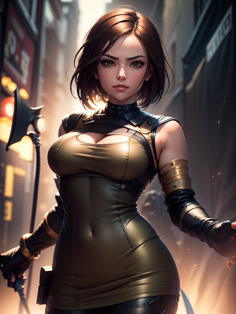 (at night), in a video game scene in the background, a beautiful city at night, raining, alone, standing looking straight ahead, military clothing with military green skirt and pants, black gloves, semi-short hair, ((semi-short hair)), 1 girl, 30 years old, young woman, perfect hands, Beautiful fingers, Beautiful long legs, Beautiful body, Beautiful nose, Beautiful character design, perfect face, looking straight at the viewer with a serious gesture and very upset, she has a black whip in her hand (focusing on her face), mouth closed, light_smile, official art, extremely detailed CG unity 8k wallpaper, perfect lighting, bright and colorful front lighting, shiny skin (artwork master: 1.0), (Best_quality: 1.0), ultra High resolution, 4k, ultra detailed photography, 8K, hdr, High resolution, Nonsense:1.2, Kodak portrait 400, film grain, Blurred background, bokeh:1.2, Flash lens, (vibrant_color:1.2), professional photography, (Beautiful, breasts: 1.4), (Beautiful_face: 1.5), (narrow waist),
