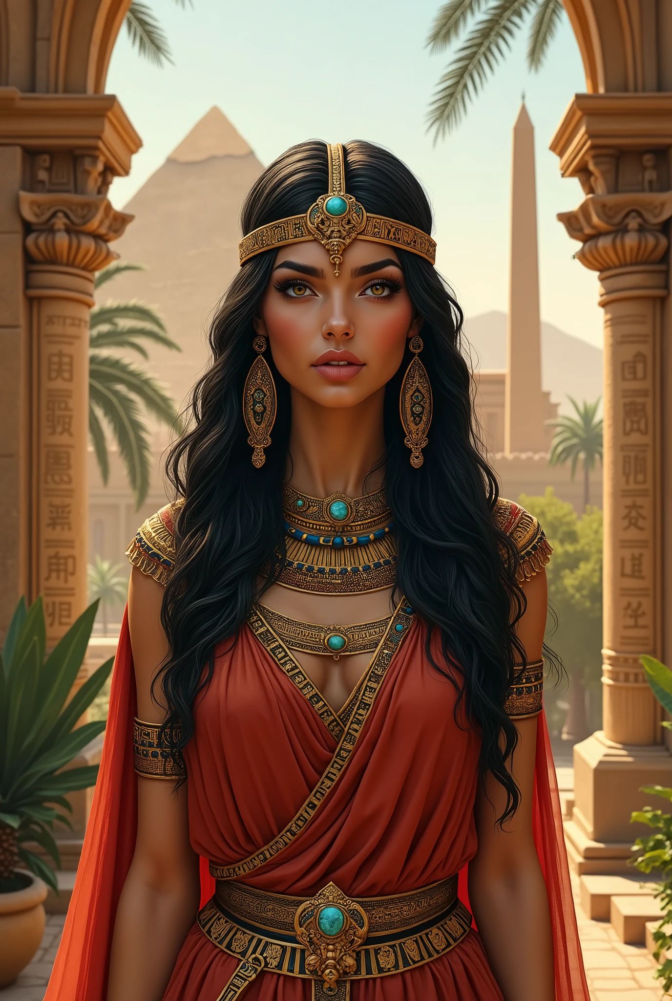 Background depicting Cleopatra as a queen with her typical face and hairstyle with covered clothing and realistic Egyptian culture with landscapes 
