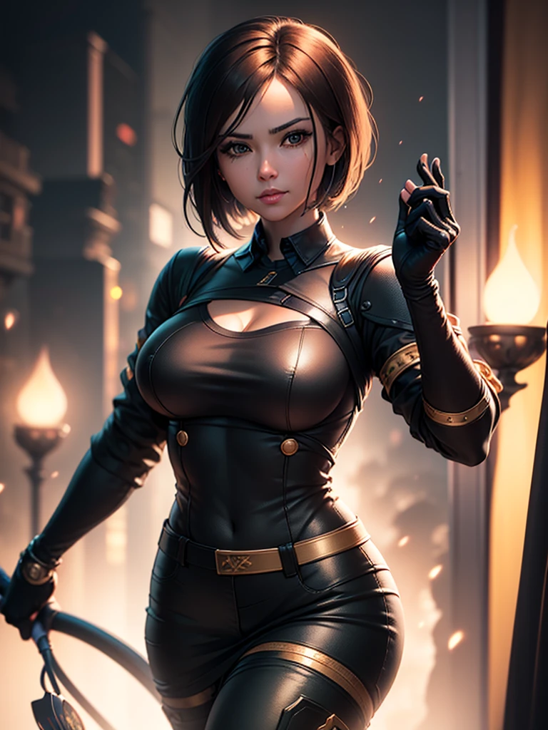 (at night), in a video game scene in the background, a beautiful city at night, raining, alone, standing looking straight ahead, military clothing with military green skirt and pants, black gloves, semi-short hair, ((semi-short hair)), 1 girl, 30 years old, young woman, perfect hands, Beautiful fingers, Beautiful long legs, Beautiful body, Beautiful nose, Beautiful character design, perfect face, looking straight at the viewer with a serious gesture and very upset, she has a black whip in her hand (focusing on her face), mouth closed, light_smile, official art, extremely detailed CG unity 8k wallpaper, perfect lighting, bright and colorful front lighting, shiny skin (artwork master: 1.0), (Best_quality: 1.0), ultra High resolution, 4k, ultra detailed photography, 8K, hdr, High resolution, Nonsense:1.2, Kodak portrait 400, film grain, Blurred background, bokeh:1.2, Flash lens, (vibrant_color:1.2), professional photography, (Beautiful, breasts: 1.4), (Beautiful_face: 1.5), (narrow waist),