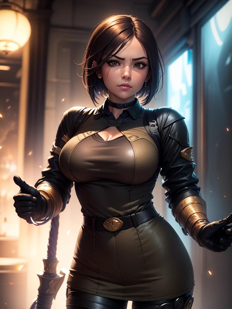 (at night), in a video game scene in the background, a beautiful city at night, raining, alone, standing looking straight ahead, military clothing with military green skirt and pants, black gloves, semi-short hair, ((semi-short hair)), 1 girl, 30 years old, young woman, perfect hands, Beautiful fingers, Beautiful long legs, Beautiful body, Beautiful nose, Beautiful character design, perfect face, looking straight at the viewer with a serious gesture and very upset, she has a black whip in her hand (focusing on her face), mouth closed, light_smile, official art, extremely detailed CG unity 8k wallpaper, perfect lighting, bright and colorful front lighting, shiny skin (artwork master: 1.0), (Best_quality: 1.0), ultra High resolution, 4k, ultra detailed photography, 8K, hdr, High resolution, Nonsense:1.2, Kodak portrait 400, film grain, Blurred background, bokeh:1.2, Flash lens, (vibrant_color:1.2), professional photography, (Beautiful, breasts: 1.4), (Beautiful_face: 1.5), (narrow waist),