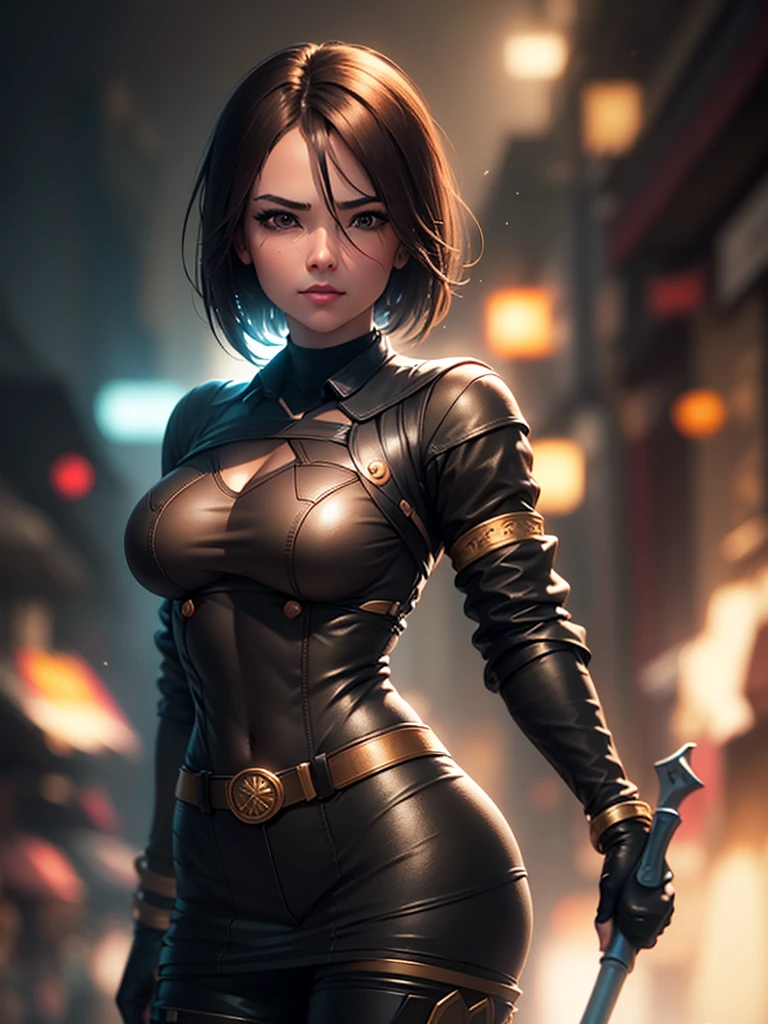 (at night), in a video game scene in the background of a beautiful city at night, raining, alone, standing looking straight ahead, military green military clothing, black gloves, semi-short hair, ((semi-short hair) short)), 1 girl, 30 years old, young woman, perfect hands, Beautiful fingers, Beautiful long legs, Beautiful body, Beautiful nose, Beautiful character design, perfect face, looking straight at the viewer with a serious and very upset gesture, brings grabbed a whip in his black hand (focusing on his face), closed mouth, light_smile, official art, extremely detailed CG unity 8k wallpaper, perfect lighting, bright and colorful front lighting, glowing skin (masterpiece: 1.0) , (Best_quality: 1.0), ultra High resolution, 4k, ultra detailed photography, 8K, hdr, High resolution, Nonsense:1.2, Kodak portrait 400, film grain, Background blur, bokeh:1.2, Lens flare, (vibrant_color :1.2), professional photography, (Beautiful, breasts: 1.4), (Beautiful_face: 1.5), (narrow waist),
