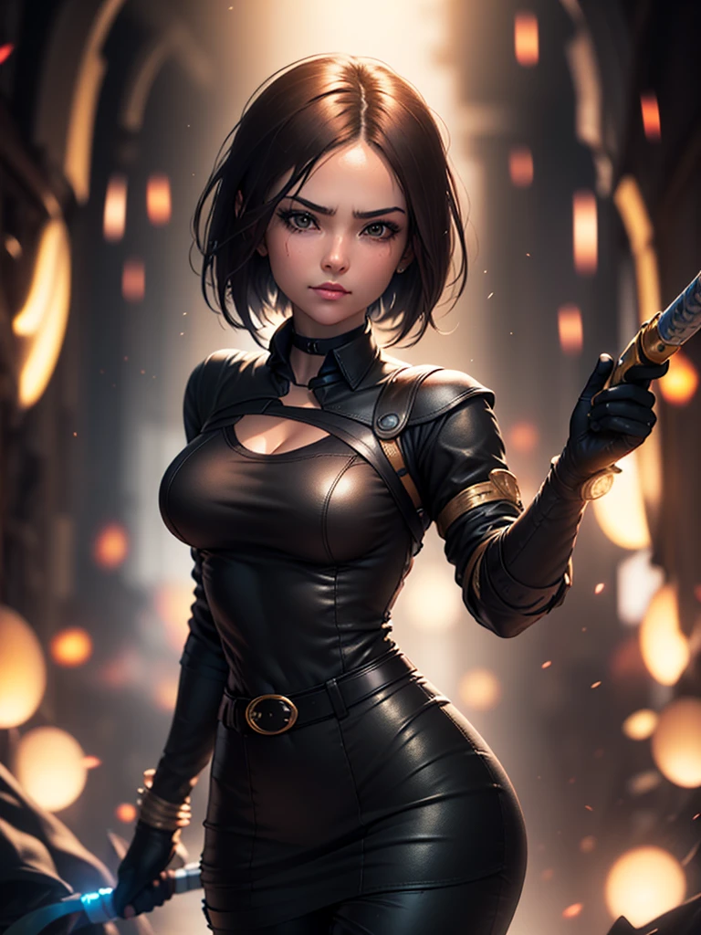 (at night), in a video game scene in the background, a beautiful city at night, raining, alone, standing looking straight ahead, military clothing with military green skirt and pants, black gloves, semi-short hair, ((semi-short hair)), 1 girl, 30 years old, young woman, perfect hands, Beautiful fingers, Beautiful long legs, Beautiful body, Beautiful nose, Beautiful character design, perfect face, looking straight at the viewer with a serious gesture and very upset, she has a black whip in her hand (focusing on her face), mouth closed, light_smile, official art, extremely detailed CG unity 8k wallpaper, perfect lighting, bright and colorful front lighting, shiny skin (artwork master: 1.0), (Best_quality: 1.0), ultra High resolution, 4k, ultra detailed photography, 8K, hdr, High resolution, Nonsense:1.2, Kodak portrait 400, film grain, Blurred background, bokeh:1.2, Flash lens, (vibrant_color:1.2), professional photography, (Beautiful, breasts: 1.4), (Beautiful_face: 1.5), (narrow waist),
