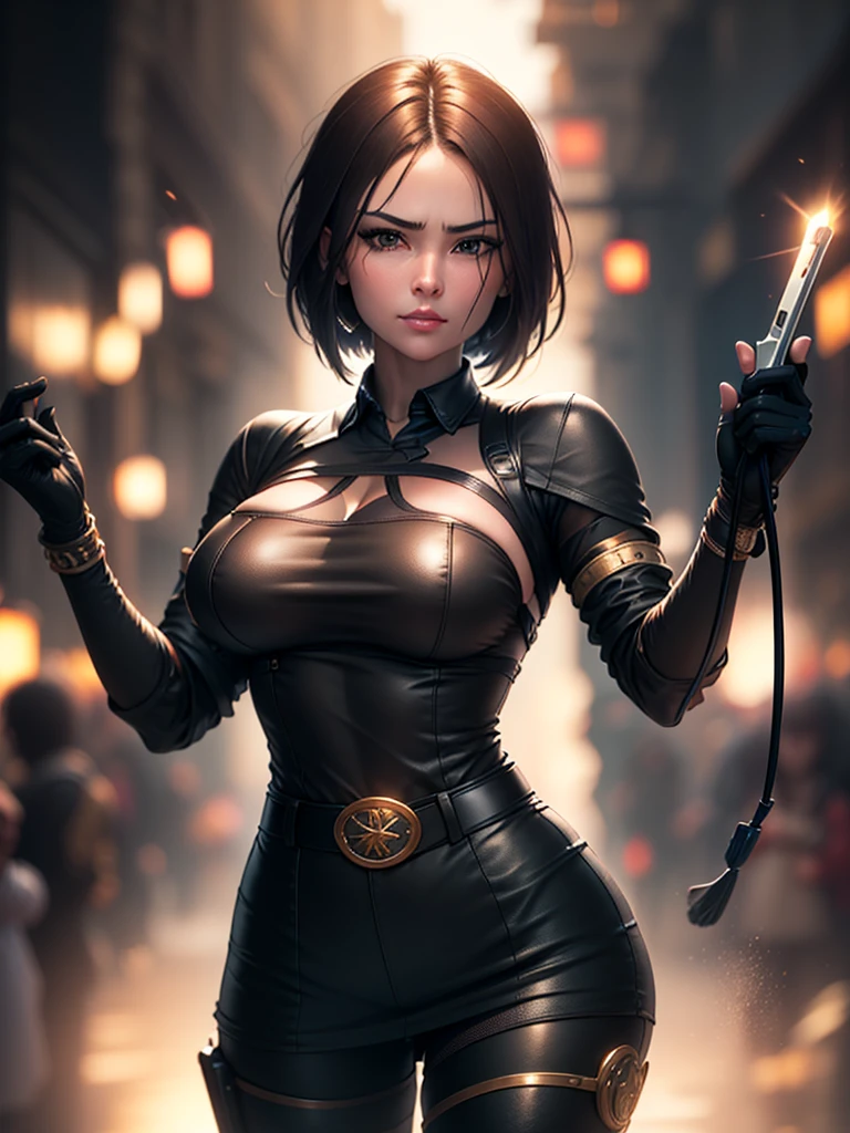 (at night), in a video game scene in the background, a beautiful city at night, raining, alone, standing looking straight ahead, military clothing with military green skirt and pants, black gloves, semi-short hair, ((semi-short hair)), 1 girl, 30 years old, young woman, perfect hands, Beautiful fingers, Beautiful long legs, Beautiful body, Beautiful nose, Beautiful character design, perfect face, looking straight at the viewer with a serious gesture and very upset, she has a black whip in her hand (focusing on her face), mouth closed, light_smile, official art, extremely detailed CG unity 8k wallpaper, perfect lighting, bright and colorful front lighting, shiny skin (artwork master: 1.0), (Best_quality: 1.0), ultra High resolution, 4k, ultra detailed photography, 8K, hdr, High resolution, Nonsense:1.2, Kodak portrait 400, film grain, Blurred background, bokeh:1.2, Flash lens, (vibrant_color:1.2), professional photography, (Beautiful, breasts: 1.4), (Beautiful_face: 1.5), (narrow waist),
