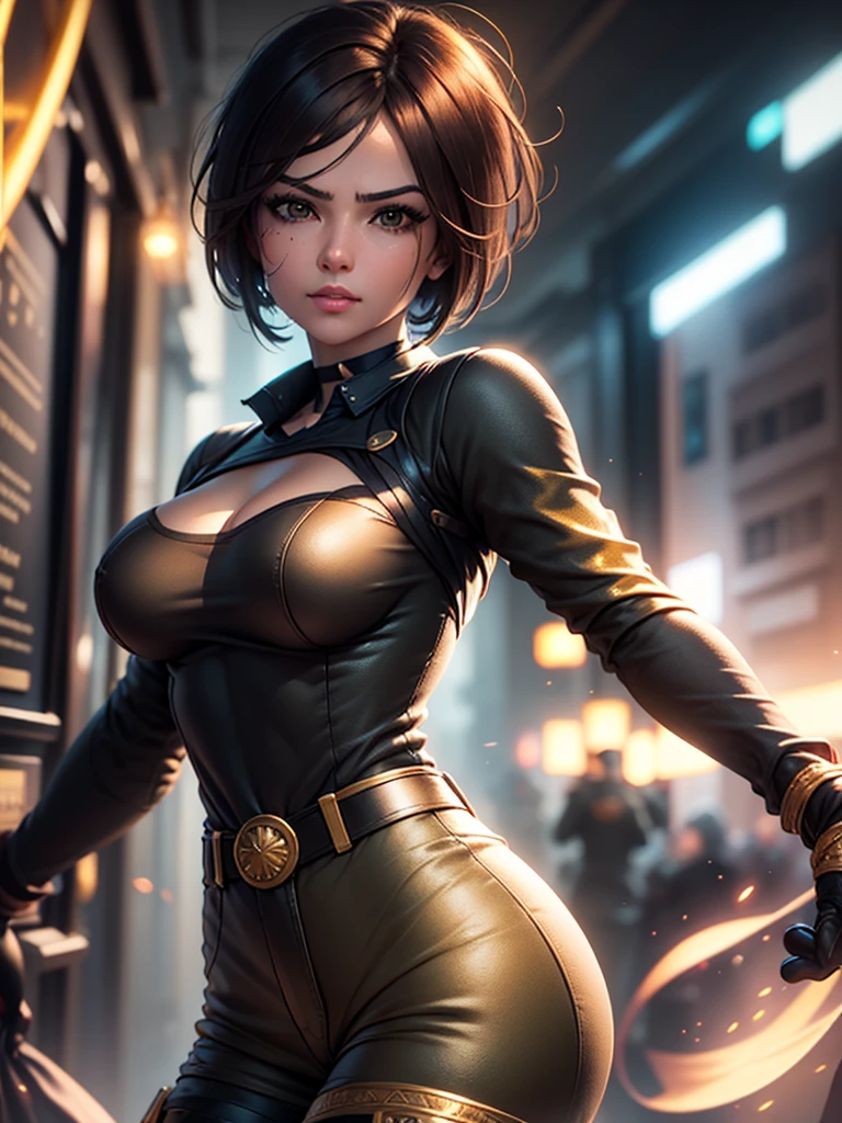 (at night), in a video game scene in the background, a beautiful city at night, raining, alone, standing looking straight ahead, military clothing with military green skirt and pants, black gloves, semi-short hair, ((semi-short hair)), 1 girl, 30 years old, young woman, perfect hands, Beautiful fingers, Beautiful long legs, Beautiful body, Beautiful nose, Beautiful character design, perfect face, looking straight at the viewer with a serious gesture and very upset, she has a black whip in her hand (focusing on her face), mouth closed, light_smile, official art, extremely detailed CG unity 8k wallpaper, perfect lighting, bright and colorful front lighting, shiny skin (artwork master: 1.0), (Best_quality: 1.0), ultra High resolution, 4k, ultra detailed photography, 8K, hdr, High resolution, Nonsense:1.2, Kodak portrait 400, film grain, Blurred background, bokeh:1.2, Flash lens, (vibrant_color:1.2), professional photography, (Beautiful, breasts: 1.4), (Beautiful_face: 1.5), (narrow waist),