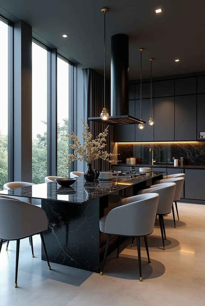 Professional 3d architecture rendering design of modern kitchen with So dark blue vintage and dark beige and dark gray and modern so light gray design chairs shiny black marble island island and modern windows and complete showing kitchen and showing complete kitchen