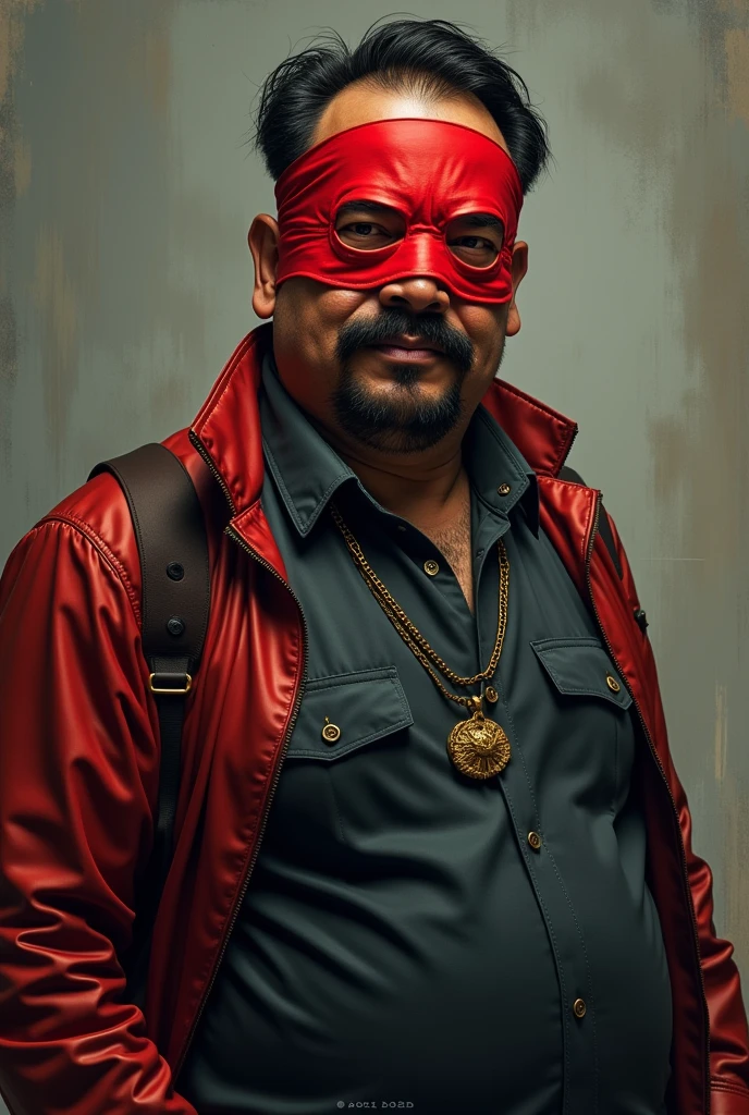 Malaysia male . Wear domino mask red. Mustache. Bearded face ,,chubby , short hair. Age 40 year old .