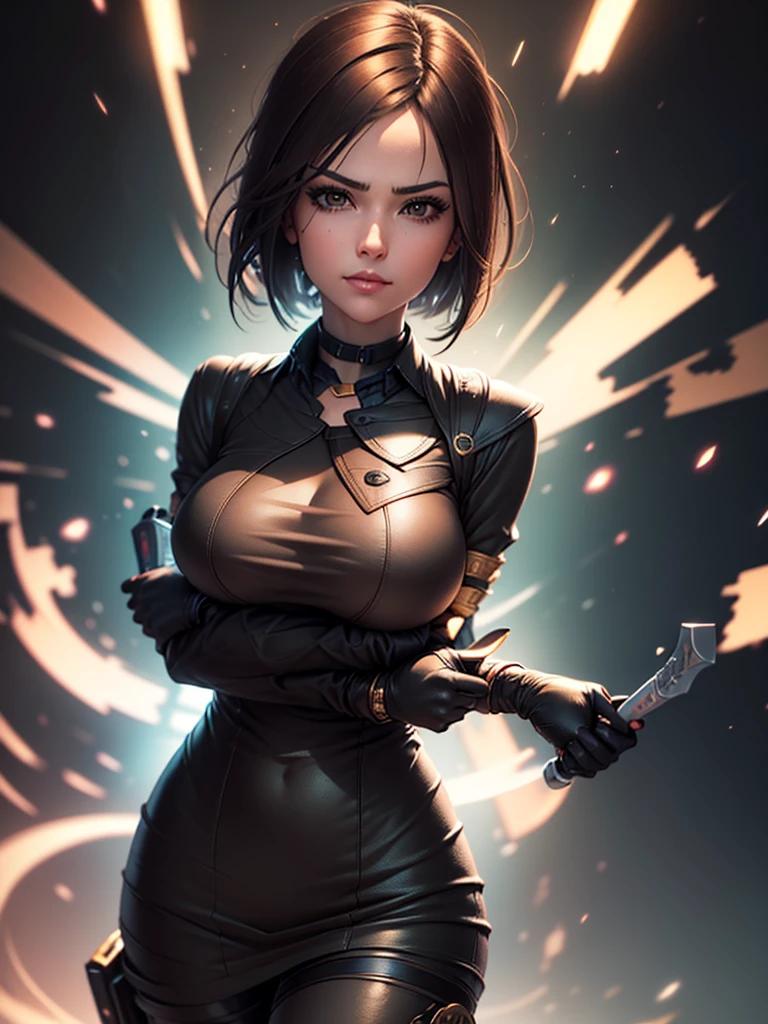 (at night), in a video game scene in the background of a beautiful city at night, raining, alone, standing looking straight ahead, military green military clothing, black gloves, semi-short hair, ((semi-short hair) short)), 1 girl, 30 years old, young woman, perfect hands, Beautiful fingers, Beautiful long legs, Beautiful body, Beautiful nose, Beautiful character design, perfect face, looking straight at the viewer with a serious and very upset gesture, brings grabbed a whip in his black hand (focusing on his face), closed mouth, light_smile, official art, extremely detailed CG unity 8k wallpaper, perfect lighting, bright and colorful front lighting, glowing skin (masterpiece: 1.0) , (Best_quality: 1.0), ultra High resolution, 4k, ultra detailed photography, 8K, hdr, High resolution, Nonsense:1.2, Kodak portrait 400, film grain, Background blur, bokeh:1.2, Lens flare, (vibrant_color :1.2), professional photography, (Beautiful, breasts: 1.4), (Beautiful_face: 1.5), (narrow waist),