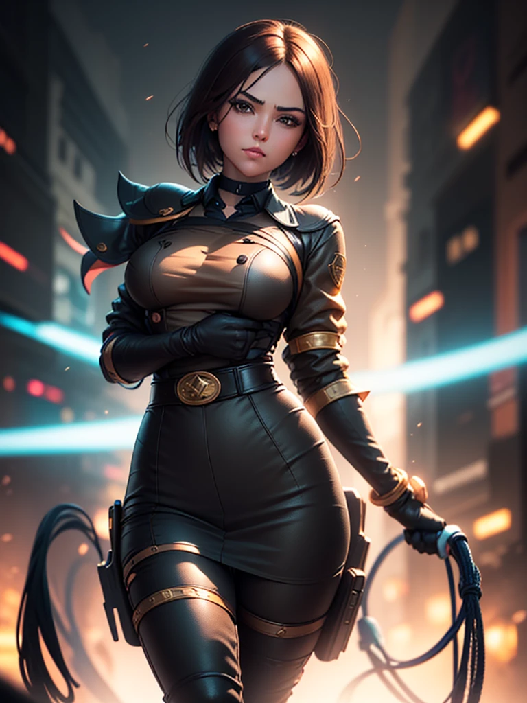 (at night), in a video game scene in the background, a beautiful city at night, raining, alone, standing looking straight ahead, military clothing with military green skirt and pants, black gloves, semi-short hair, ((semi-short hair)), 1 girl, 30 years old, young woman, perfect hands, Beautiful fingers, Beautiful long legs, Beautiful body, Beautiful nose, Beautiful character design, perfect face, looking straight at the viewer with a serious gesture and very upset, she has a black whip in her hand (focusing on her face), mouth closed, light_smile, official art, extremely detailed CG unity 8k wallpaper, perfect lighting, bright and colorful front lighting, shiny skin (artwork master: 1.0), (Best_quality: 1.0), ultra High resolution, 4k, ultra detailed photography, 8K, hdr, High resolution, Nonsense:1.2, Kodak portrait 400, film grain, Blurred background, bokeh:1.2, Flash lens, (vibrant_color:1.2), professional photography, (Beautiful, breasts: 1.4), (Beautiful_face: 1.5), (narrow waist),
