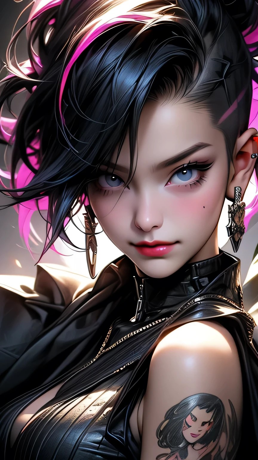 Face close-up、Professional:1.Six models, (最high quality, 4K, 8k, High resolution, masterpiece:1.2), Very detailed, Realist, Punk Style, Punk Fashion, Spiked clothing, Chain Accessories, Rebel Pose, Mohawk Alto, Fancy rainbow hair, (Night forest background), Studio Lighting, Dynamic poses and grace、masterpiece, 最high quality, high quality, High resolution, ((Face close-up)), Face close-up、super big breasts sexy、With a smile