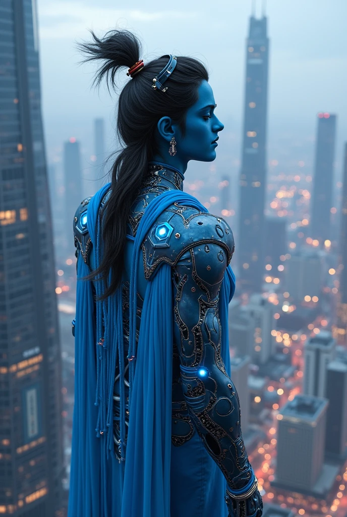 Sri Krishna wearing blue cyborg costume standing on the top of tall building and looking towards the city.