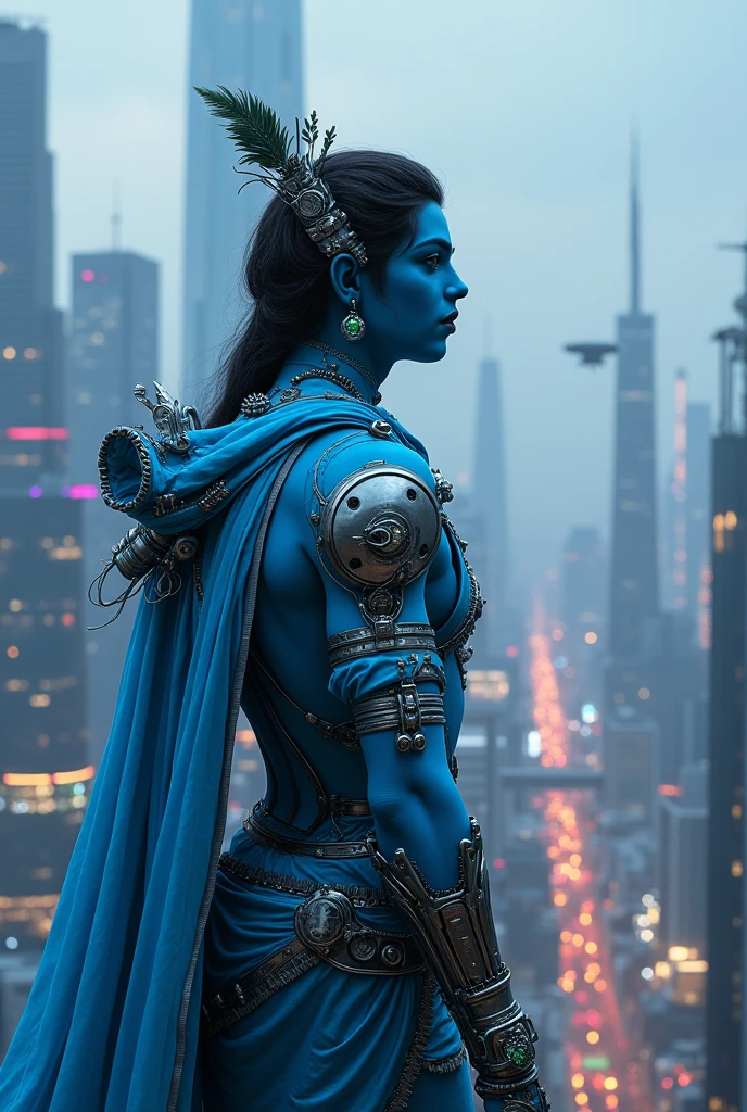 Sri Krishna wearing blue cyborg costume standing on the top of tall building and looking towards the city.
