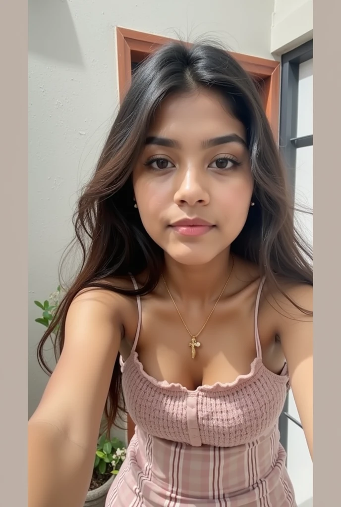 20 years old cute indian girl , long hair , mesomorph body , 25% fat , black top  , sexy and hot , big boobs , deep cleavage , sexy navel 