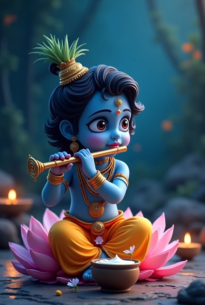 Little Shree Krishna who sitting lotus with flute and dahi handi 4k animated dark blue background high quality full hd