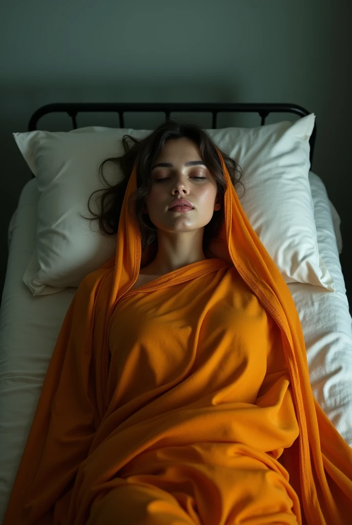a beautiful woman in saffron saree pallu on head of her in a morgue bed