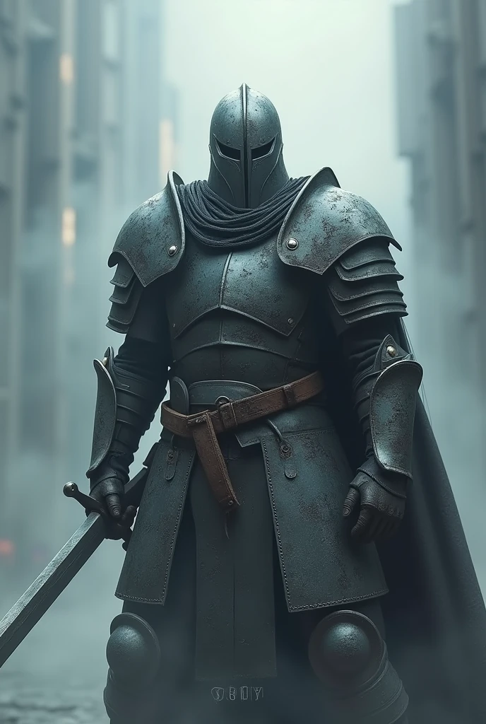 To create the realistic image like a photograph, imagine a warrior, standing still, dressed in grey warrior armor, a full broken helmet that tells of his past of warfare. He holds a two-handed sword in an offensive posture. Around him, grey aura envelopes his body which accentuates his unique and powerful presence. The name 'Grey' should be prominently displayed in bold, cinematic font, ensuring it is clearly visible and integrated into the design. This composition evokes both the strength and singularity of this fascinating character.