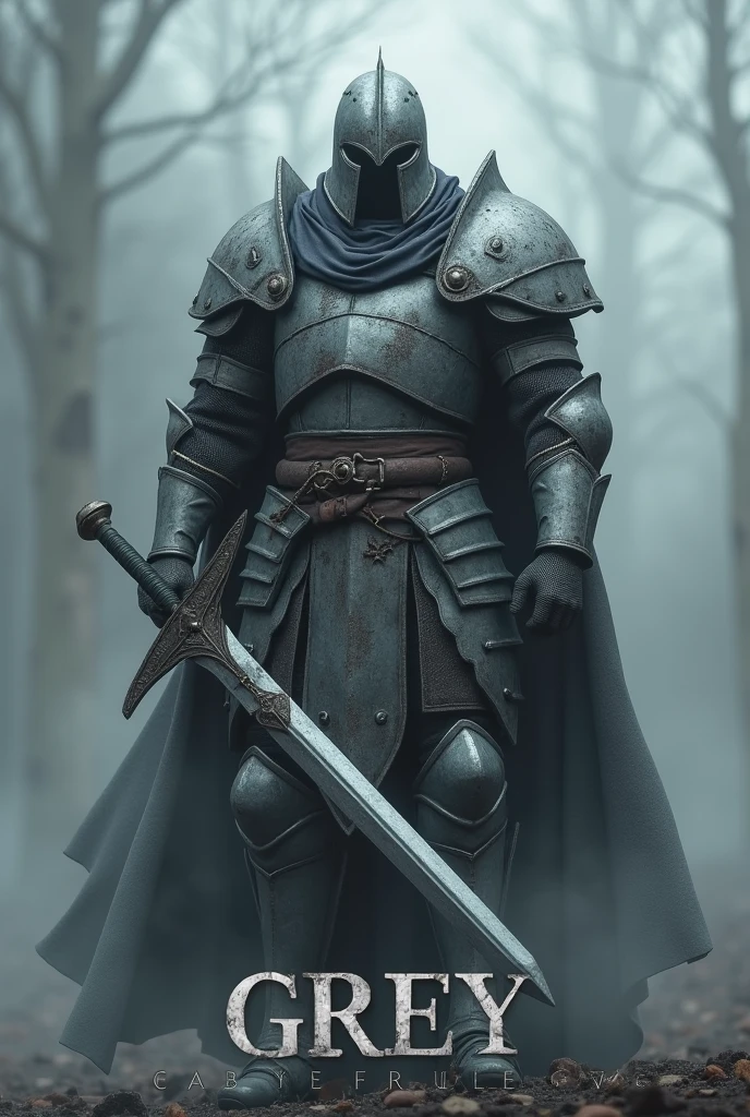 To create the realistic image like a photograph, imagine a warrior, standing still, dressed in grey warrior armor, a full broken helmet that tells of his past of warfare. He holds a two-handed sword in an offensive posture. Around him, grey aura envelopes his body which accentuates his unique and powerful presence. The name 'Grey' should be prominently displayed in bold, cinematic font, ensuring it is clearly visible and integrated into the design. This composition evokes both the strength and singularity of this fascinating character.