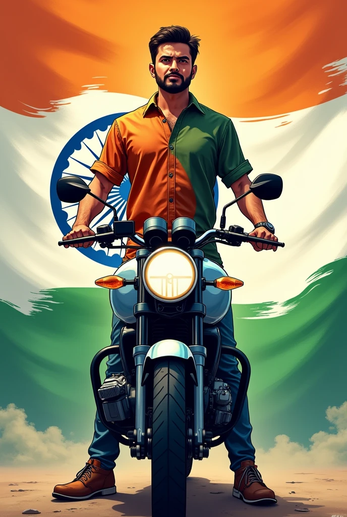 A man standing with bike bmw in his hand flag of India anime
