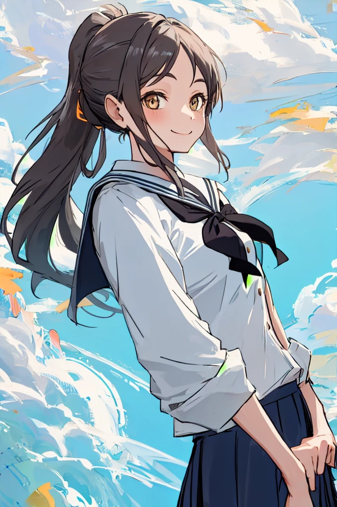 girl , long hair, half ponytail ,school dress, smiling