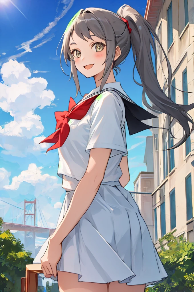 girl , long hair, half ponytail ,school dress, smiling
