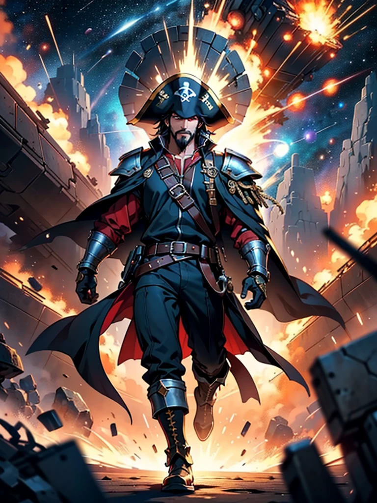 Space action movie poster. Best quality, masterpiece, a high resolution, One, One focus, 1 boy, mature man, black hair, Red eyes, (perfectly drawn face), facial hair, Smirks, (Long sleeves, Pirate Costume, pirate hat, Pirate boots), space background, standing on the wheelhouse of a space pirate ship, V-shaped eyebrows, Evil grin, Behind me, a space battle is taking place in the dark background., battleship explosions, Wearing the Desert Cloak, Wearing full heavy mecha armor, Fighting pose, War of alien civilizations, The smoke from the gun fills, Gold coins scattering, Soldier in armor, full armor, Against the backdrop of a bright space battle and explosions of space battleships, almost perfect, Light red color, Scatters gold coins. In its purest form, intricate details, Post-production 8K, high resolution, super detail, trending on artstation, Sharp Focus, intricate details, Very detailed, dynamic movement, engineering ingenuity, hard breath, (oppressive attack)