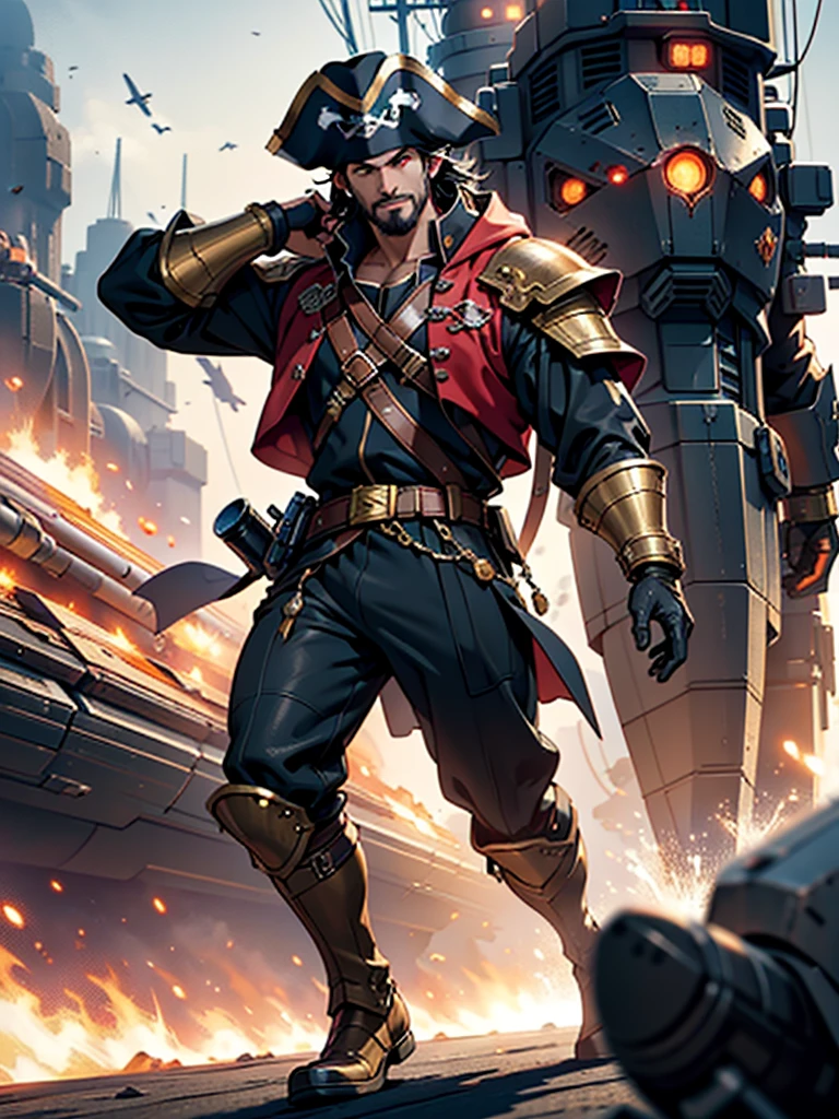 Space action movie poster. Best quality, masterpiece, a high resolution, One, One focus, 1 boy, mature man, black hair, Red eyes, (perfectly drawn face), facial hair, Smirks, (Long sleeves, Pirate Costume, pirate hat, Pirate boots), space background, standing on the wheelhouse of a space pirate ship, V-shaped eyebrows, Evil grin, Behind me, a space battle is taking place in the dark background., battleship explosions, Wearing the Desert Cloak, Wearing full heavy mecha armor, Fighting pose, War of alien civilizations, The smoke from the gun fills, Gold coins scattering, Soldier in armor, full armor, Against the backdrop of a bright space battle and explosions of space battleships, almost perfect, Light red color, Scatters gold coins. In its purest form, intricate details, Post-production 8K, high resolution, super detail, trending on artstation, Sharp Focus, intricate details, Very detailed, dynamic movement, engineering ingenuity, hard breath, (oppressive attack)