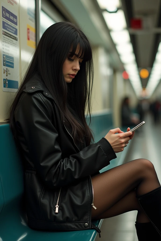 ultra realistic, photography, portrait, close-up, extreme close-up, long black straight hair, (30 years old, hazel eyes, hourglass figure, perfect fit body, natural big breasts), femme fatale, a beautiful girl wearing a black jacket, checking her phone, pantyhose, high boots, shorts, sitting on a bench in a subway station, artifical lights, crossed legs, perfect perspective, from the left, profile, masterpiece, best quality,