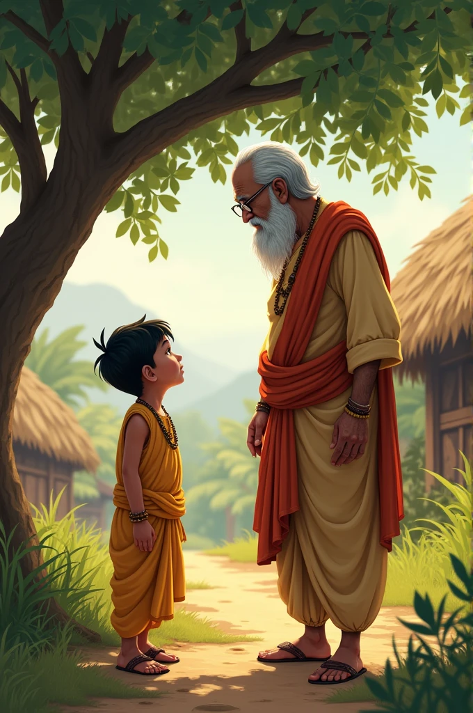 Boy Meeting GrandfatherPrompt: A young boy, about , is standing in a rustic village setting, looking up at his elderly grandfather. The grandfather is a wise and gentle-looking man with gray hair and a beard, wearing traditional Indian attire. They are having a warm conversation under a large tree, with a peaceful village background.