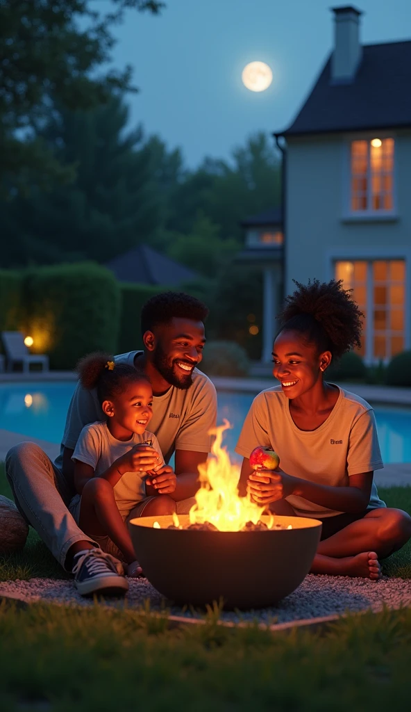 jeune homme noir et son amoureux souriant accompagné de leurs enfants jumeaux fille et garçon regardant un film en plein air dans le beau jardin de la grande cour de leur belle maisons tout en grillant de la viande.
Il est écrit sur le t-shirt de l’homme Ivan et sur celui de son amoureux Florence
La tient une pomme à main et le une banane.
Il sont installés autour du feu dans leur beau jardin en pleine lune pour un cinéma en famille
On peut observer de la belle maison et la piscine à côté