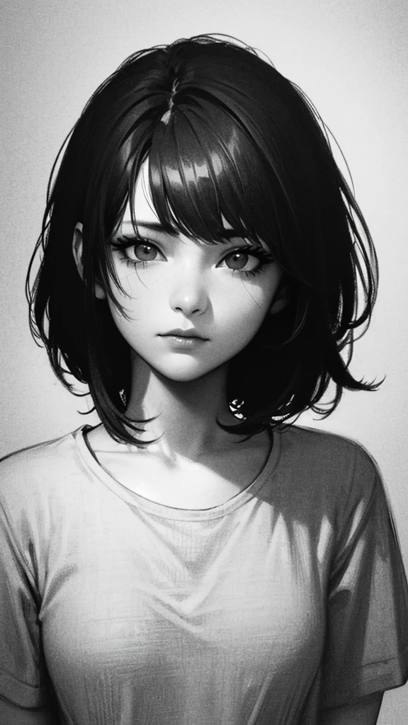 1 boyish asian girl, solo, bags under eyes, monochrome, greyscale, short black hair, portrait, T-shirt, closed mouth, looking at viewer, sketch, graphite \(medium\), detailed lips, hatching \(texture\), without makeup, bangs, upper body, (best illustration), (best quality), (very detailed), (masterpiece), expressionless,