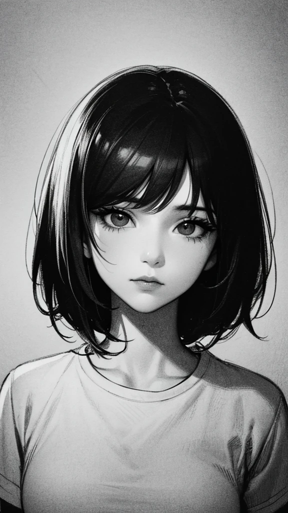 1 boyish asian girl, solo, bags under eyes, monochrome, greyscale, short black hair, portrait, T-shirt, closed mouth, looking at viewer, sketch, graphite \(medium\), detailed lips, hatching \(texture\), without makeup, bangs, upper body, (best illustration), (best quality), (very detailed), (masterpiece), expressionless,